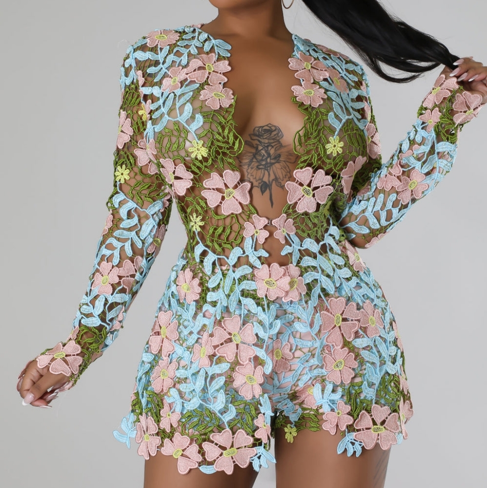 Crochet Floral Blazer & Short Set - Multi *PLUS SIZE* available